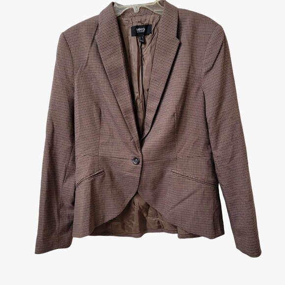 MNG By Mango Blazer Sportcoat Womens Size‎ 10 Brown Check Pattern One Button - Picture 1 of 9